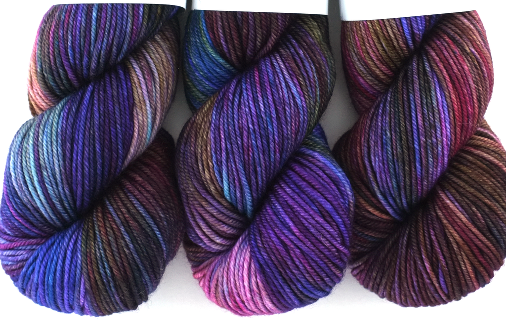 Dream in Color CITY in color My Fair Lady 910, aran weight superwash wool knitting yarn, purple, brown, blue, pink by Red Beauty Textiles