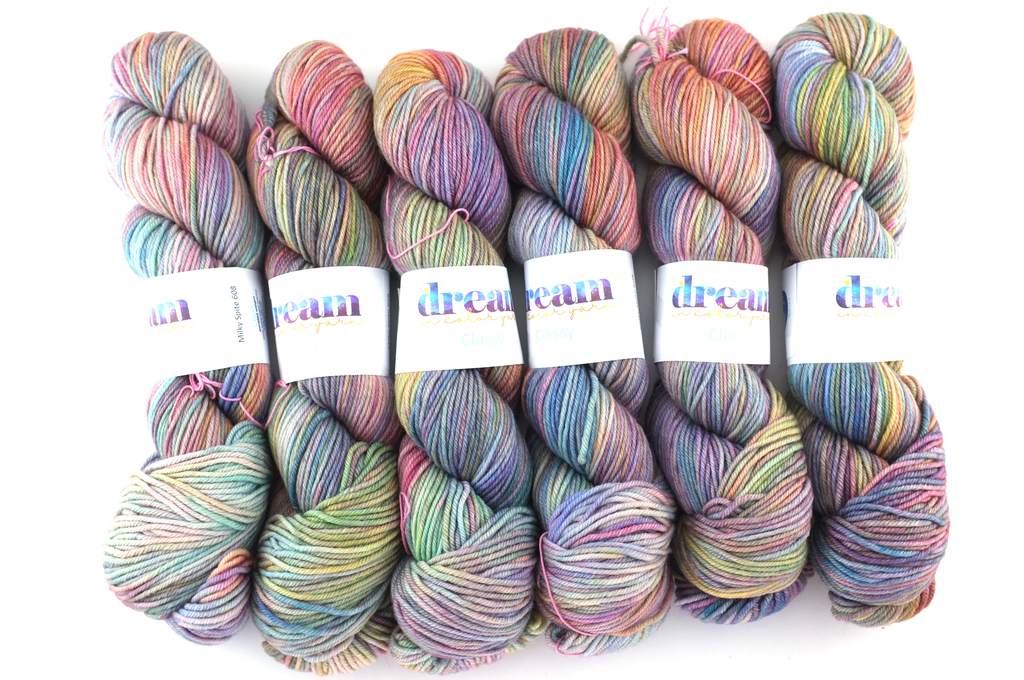 Dream in Color Classy Milky Spite 608, worsted weight superwash wool knitting yarn, pale rainbow, blues, lilac, pink by Red Beauty Textiles