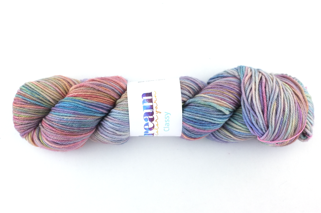 Dream in Color Classy Milky Spite 608, worsted weight superwash wool knitting yarn, pale rainbow, blues, lilac, pink by Red Beauty Textiles