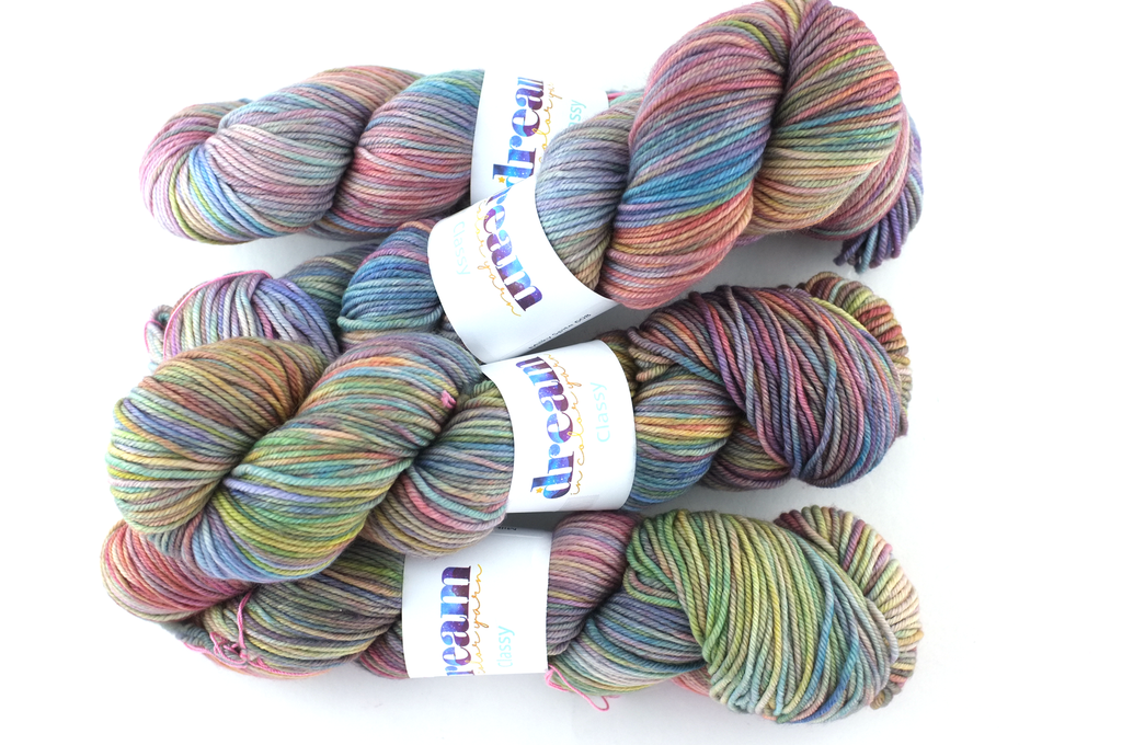 Dream in Color Classy color Milky Spite 608, worsted weight superwash wool knitting yarn, pale rainbow, blues, lilac, yellow, teals by Red Beauty Textiles