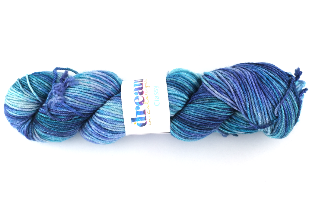 Dream in Color Classy color The Edge 931, worsted weight superwash wool knitting yarn, teals, blues pale purple by Red Beauty Textiles