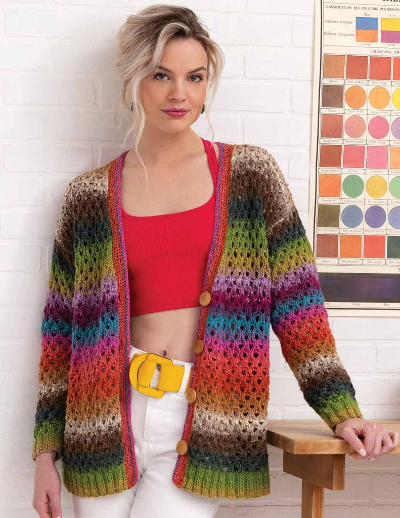Spectra Cardigan, made with Noro Haruito, free digital knitting pattern download by Red Beauty Textiles