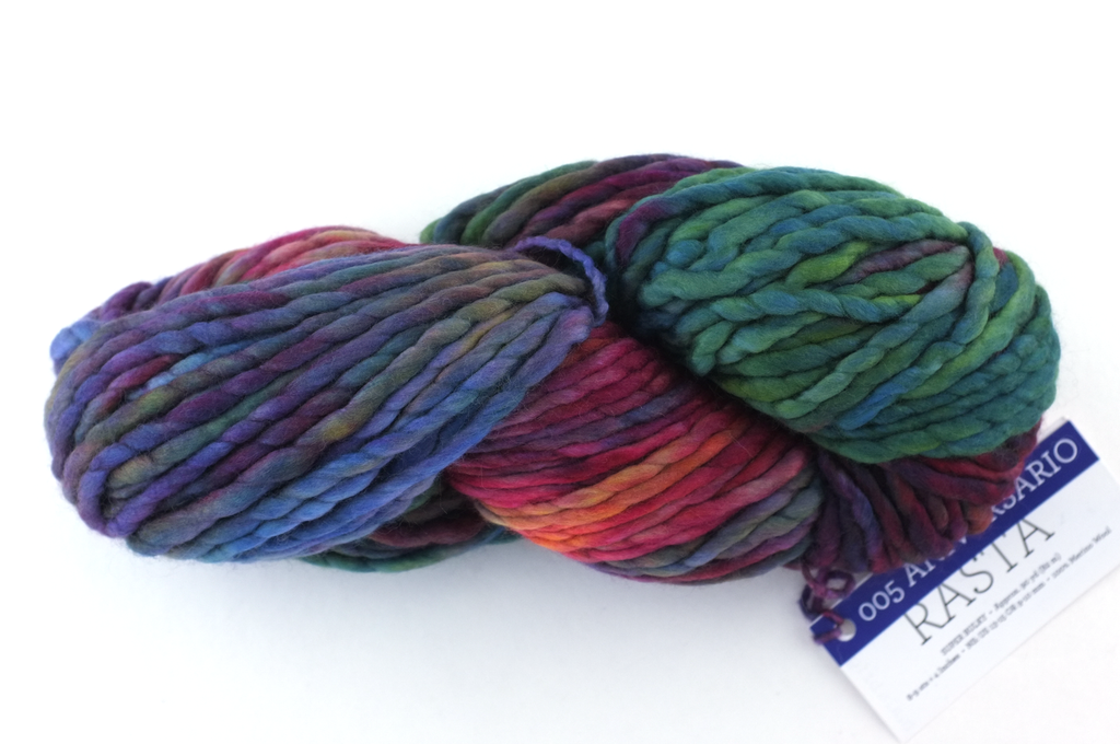 Malabrigo Rasta in color Aniversario, Super Bulky Merino Wool Knitting Yarn, blues, reds, red-violet, purples, #005 by Red Beauty Textiles