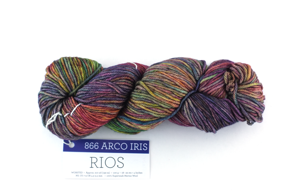 Malabrigo Rios in color Arco Iris, merino wool worsted weight knitting yarn, teal, magenta, and rainbow shades, #866 by Red Beauty Textiles