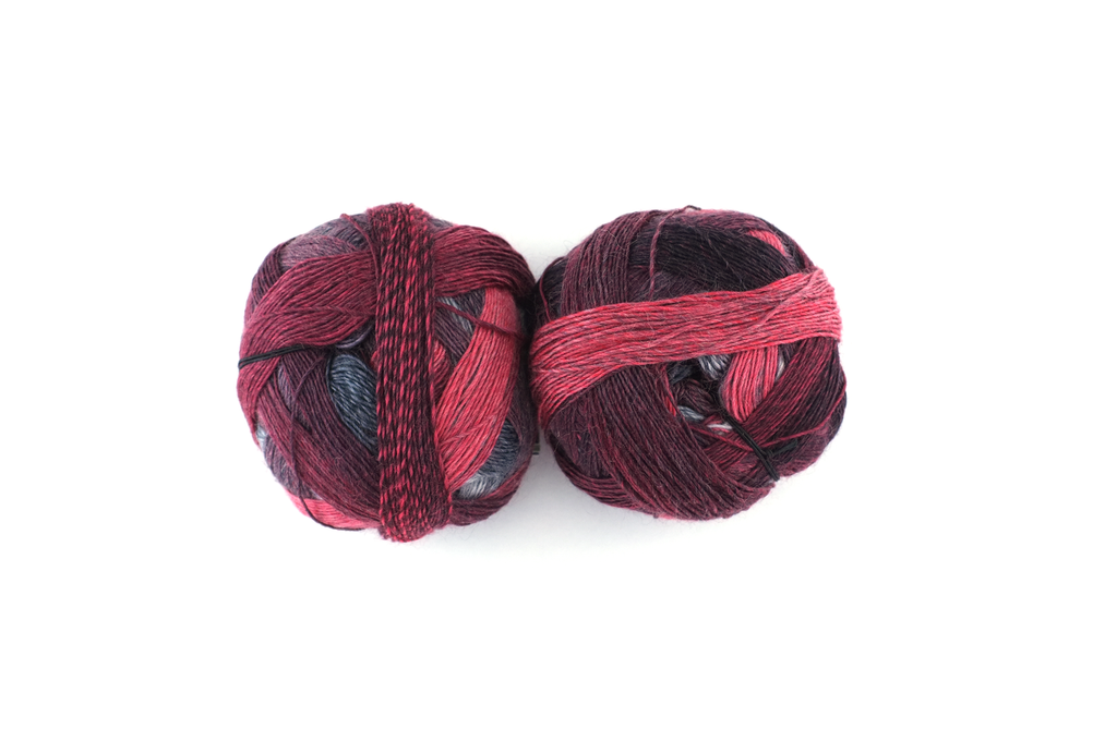 Zauberball, self patterning sock yarn, color 2402 Aldebaran, fingering weight yarn, brick pink, red, grays by Red Beauty Textiles