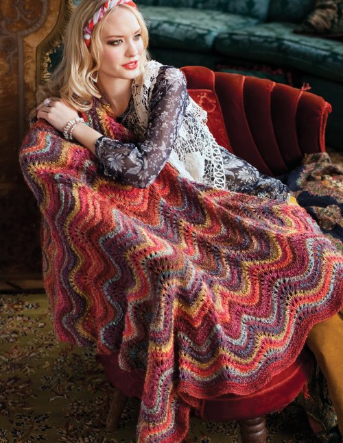 Feather and Fan lace blanket with Noro Silk Garden free digital knitting pattern by Red Beauty Textiles