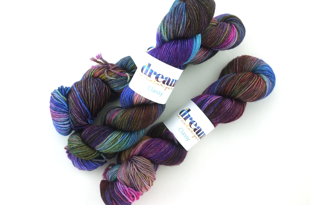 Dream in Color Classy color My Fair Lady 910, worsted weight superwash wool knitting yarn, purple, brown, blue, pink by Red Beauty Textiles