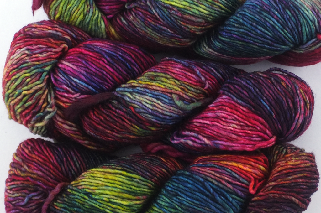 Malabrigo Washted in color Aniversario, Aran Weight Merino Superwash Wool Knitting Yarn, reds, greens, blues, rainbow, #005 - Red Beauty Textiles