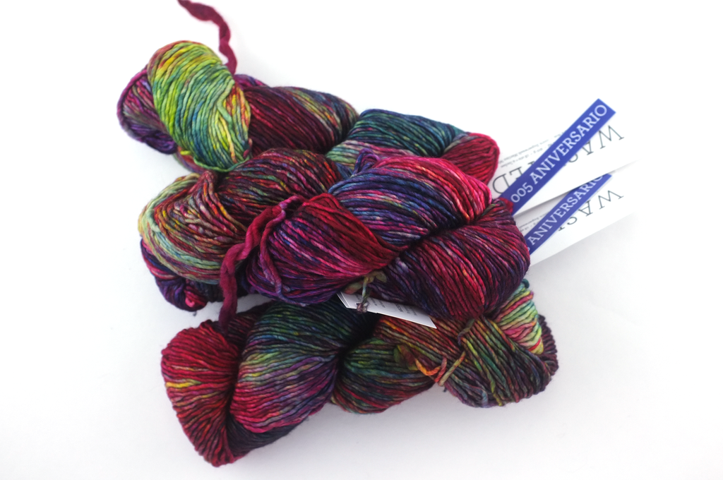 Malabrigo Washted in color Aniversario, Aran Weight Merino Superwash Wool Knitting Yarn, reds, greens, blues, rainbow, #005 - Red Beauty Textiles