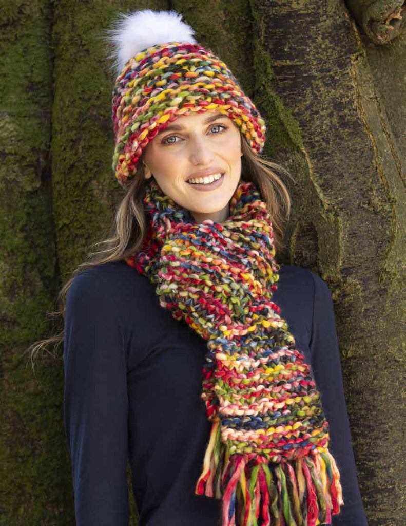 Alma hat and scarf with Enorme free digital knitting pattern by Red Beauty Textiles