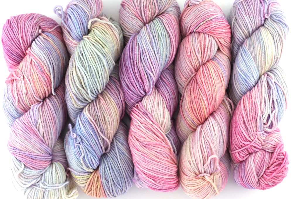 Malabrigo Arroyo in color Rosalinda, Sport Weight Merino Wool Knitting Yarn, pastel pinks and peach, #398 - Red Beauty Textiles