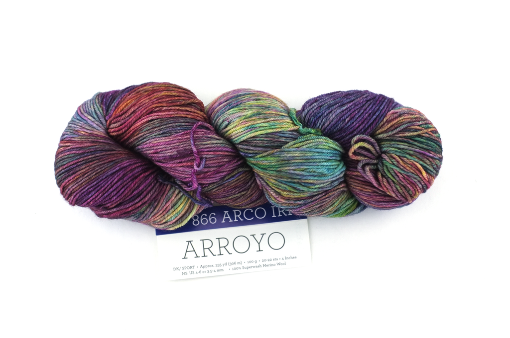Malabrigo Arroyo in color Arco Iris, Sport Weight Merino Wool Knitting Yarn, rainbow, rose, purple, teal, #866 by Red Beauty Textiles