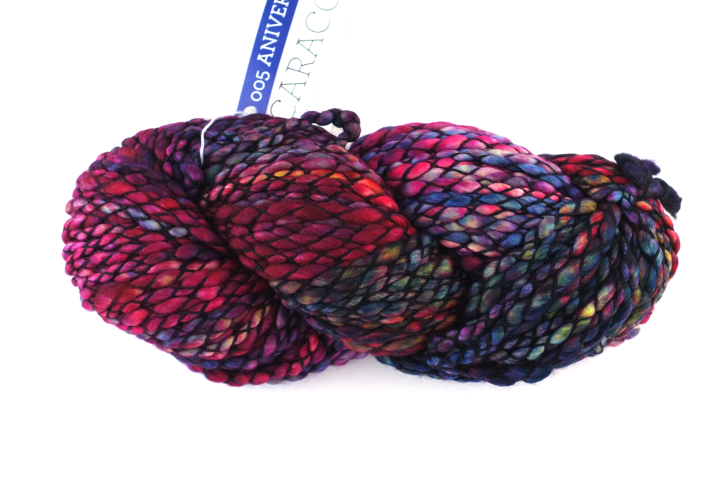 Malabrigo Caracol in color Aniversario, #005, Super Bulky thick and thin superwash merino knitting yarn in rainbow shades by Red Beauty Textiles