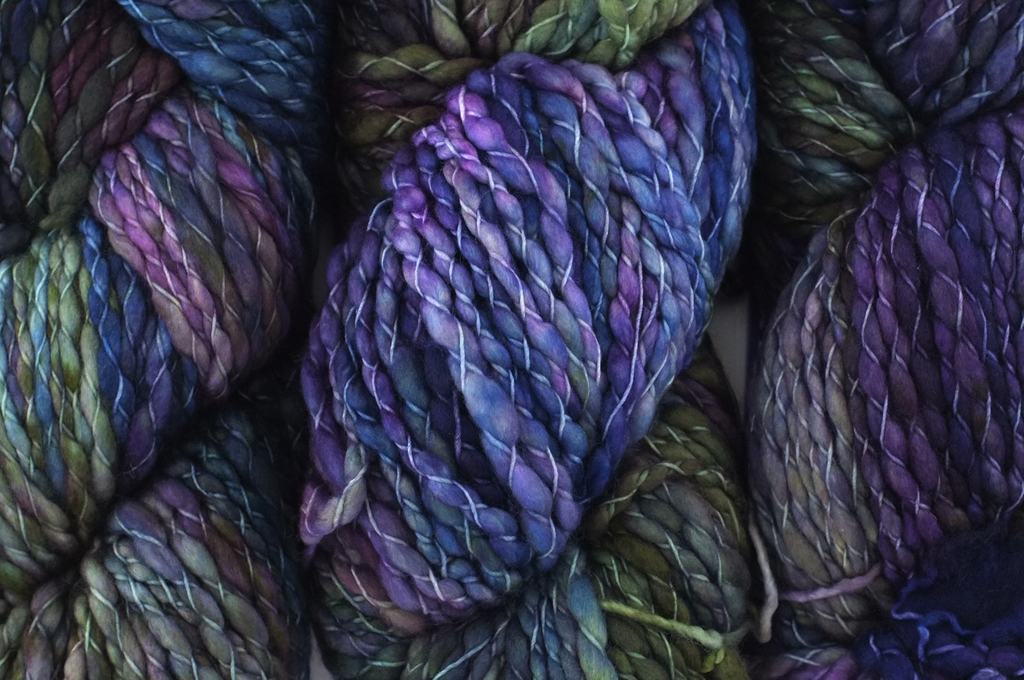 Malabrigo Caracol in color Zarzamora, #863, bulky thick and thin superwash merino knitting yarn in dark purple, olive - Red Beauty Textiles