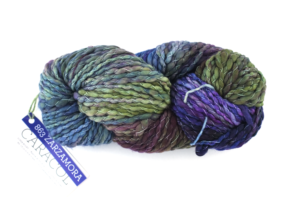 Malabrigo Caracol in color Zarzamora, #863, bulky thick and thin superwash merino knitting yarn in dark purple, olive - Red Beauty Textiles