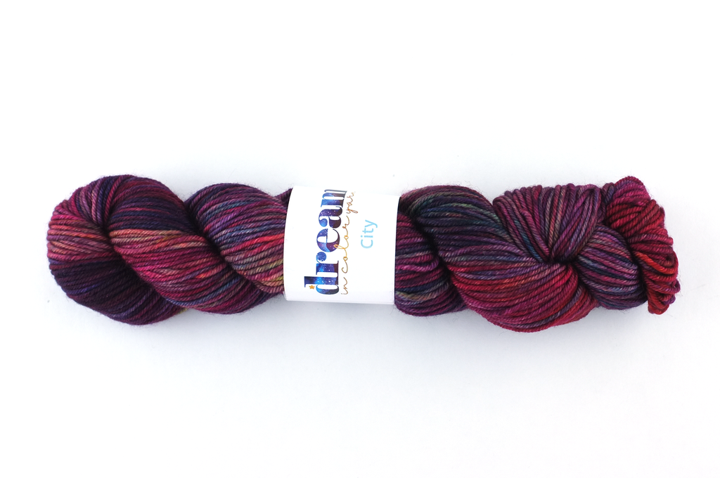 Dream in Color City in color Cabaret 901, aran weight superwash wool knitting yarn, magenta, burgundy, rainbow - Red Beauty Textiles