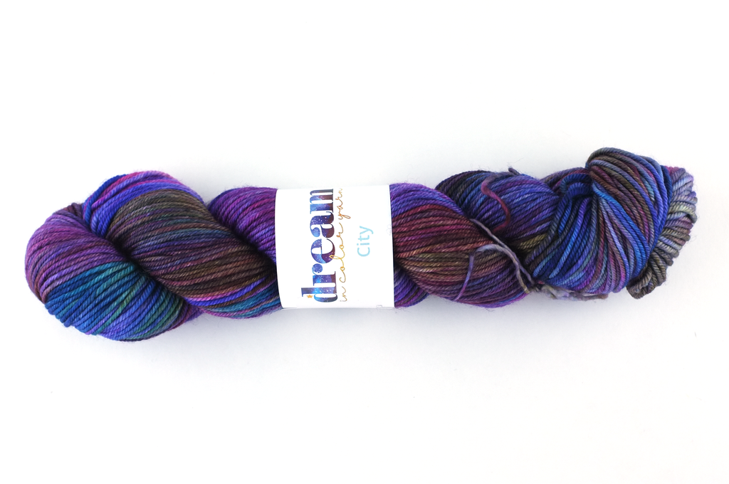 Dream in Color City in color My Fair Lady 910, aran weight superwash wool knitting yarn, purple, brown, blue, pink