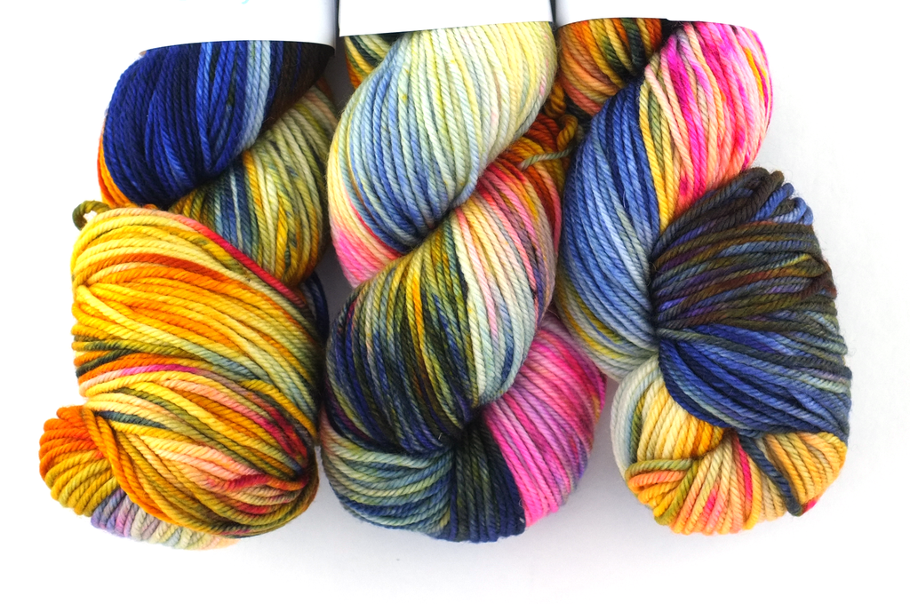 Dream in Color Classy color Kyoto Sunset 521, worsted weight superwash wool knitting yarn, navy, neon pinks, dandelion