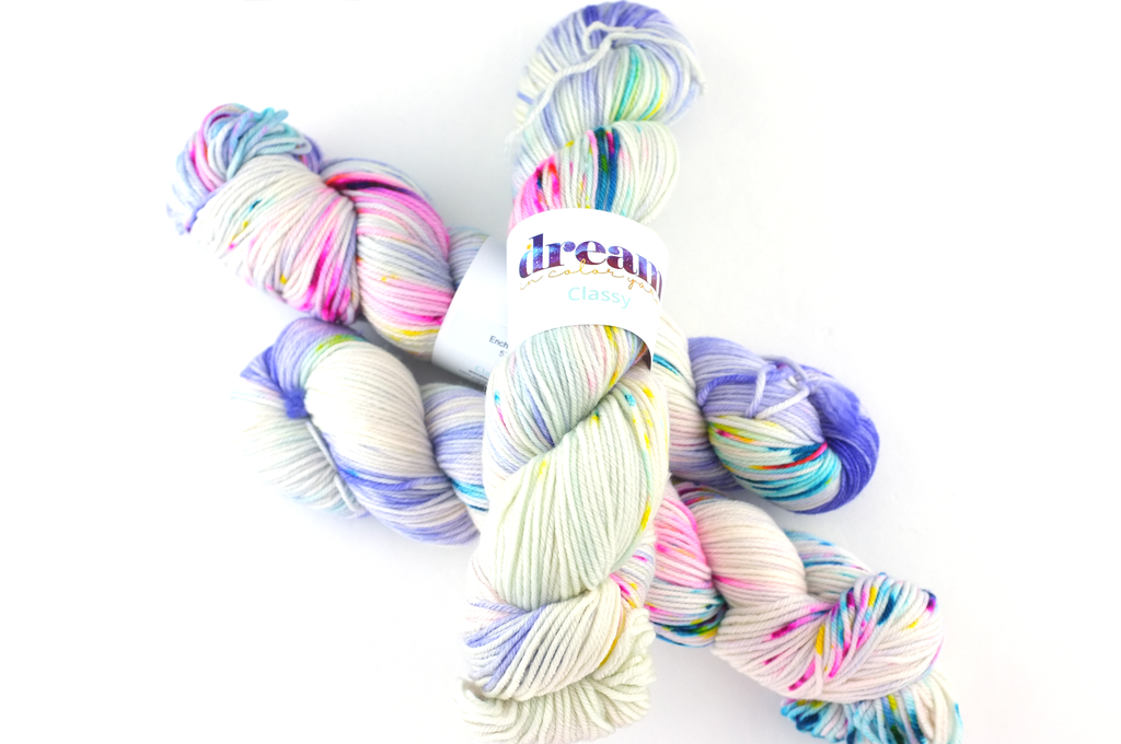 Dream in Color Classy color Enchanted 576, worsted weight superwash wool knitting yarn, neon pinks, teal, lavender, on off-white by Red Beauty Textiles