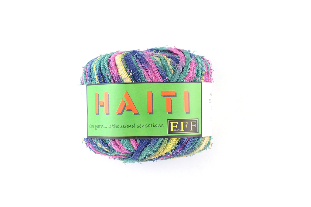 Haiti, novelty tape yarn in pink, blue, green