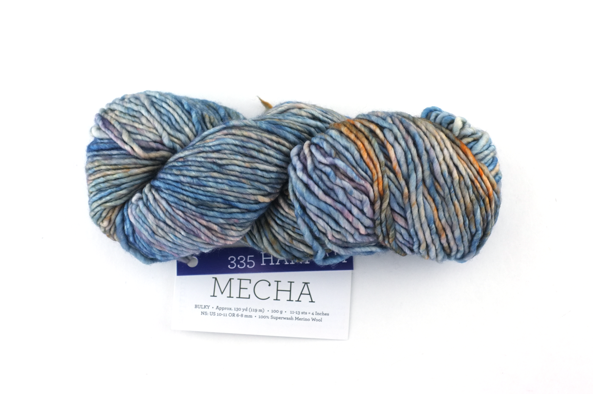 Malabrigo Mecha in color Hannah, Bulky Weight Merino Wool Knitting Yarn, blues, orange, peach, #335 by Red Beauty Textiles