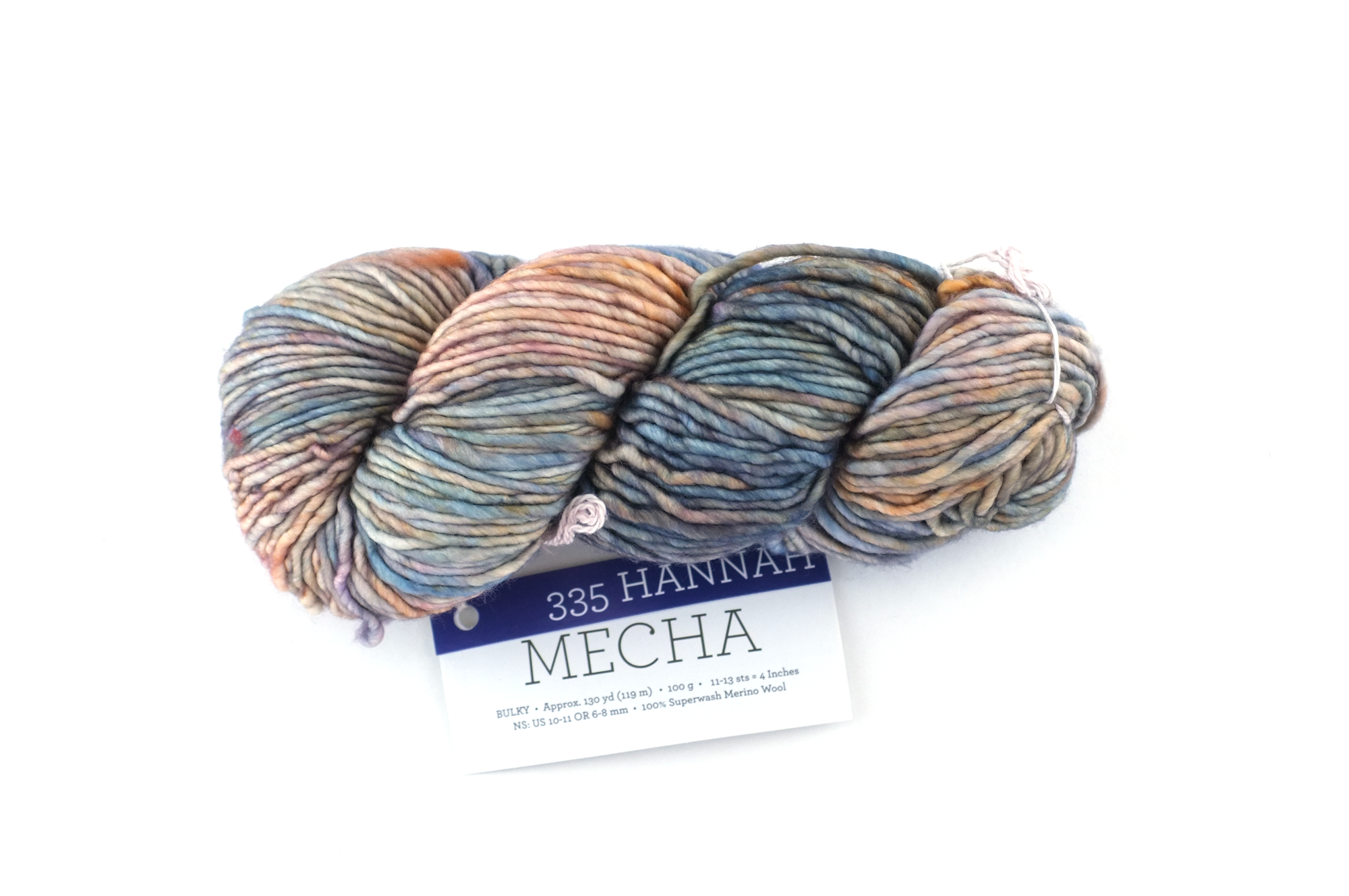 Malabrigo Mecha in color Hannah, Bulky Weight Merino Wool Knitting Yarn, blues, orange, peach, #335 by Red Beauty Textiles