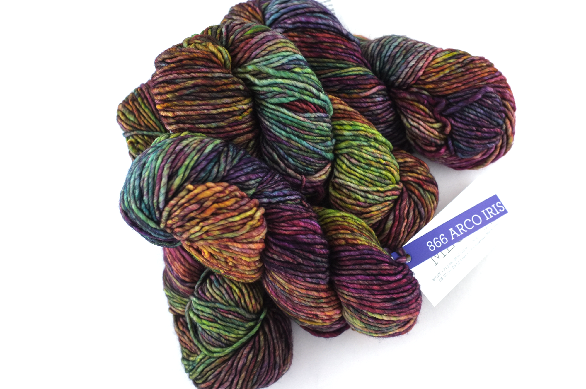 Malabrigo Mecha in color Arco Iris, Bulky Weight Merino Wool Knitting Yarn, dark rainbow shades, #866 by Red Beauty Textiles