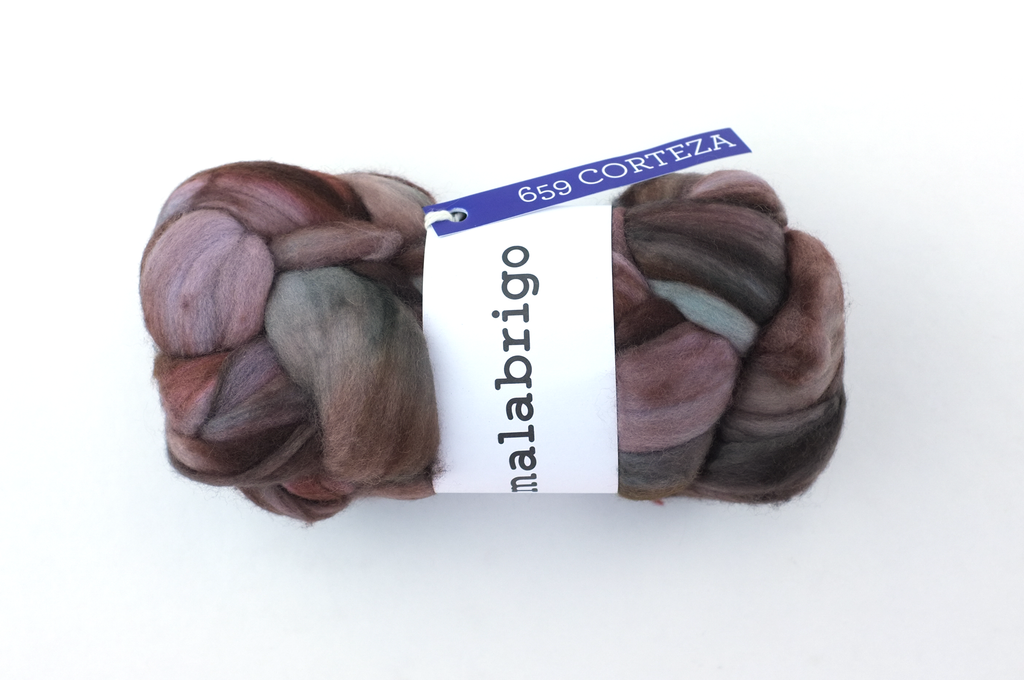 Malabrigo Nube, Corteza, blues with browns, color 659, merino spinning fiber by Red Beauty Textiles