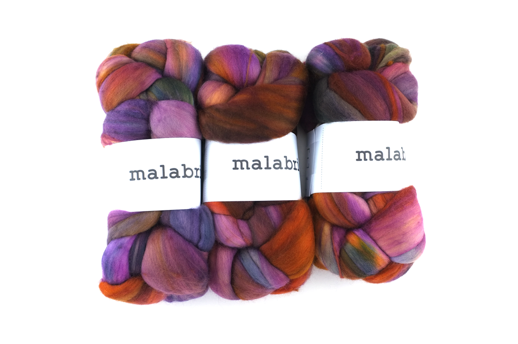 Malabrigo Fiber, Nube pure merino combed top, hand dyed in color Piedras, #862, orange, magenta - Red Beauty Textiles