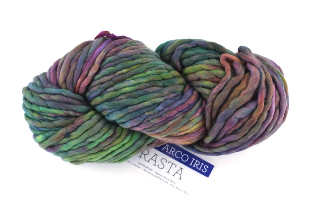 Malabrigo Rasta in color Arco Iris, Merino Wool Super Bulky Yarn, purple, rose, green, #866 by Red Beauty Textiles