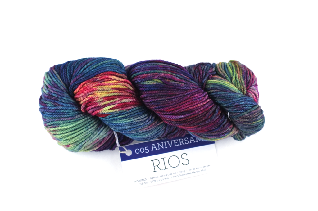 Malabrigo Rios in color Aniversario, merino wool worsted weight knitting yarn, red, purple, blue, #005 by Red Beauty Textiles