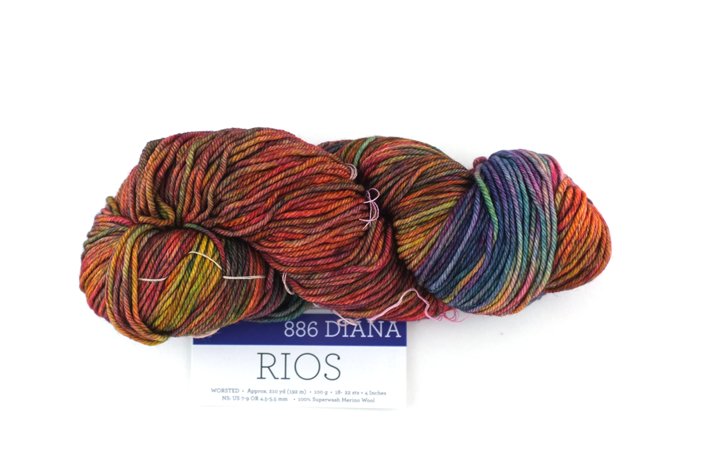 Malabrigo Rios in color Diana, merino wool worsted weight knitting yarn, red, green, chestnut, #886 by Red Beauty Textiles