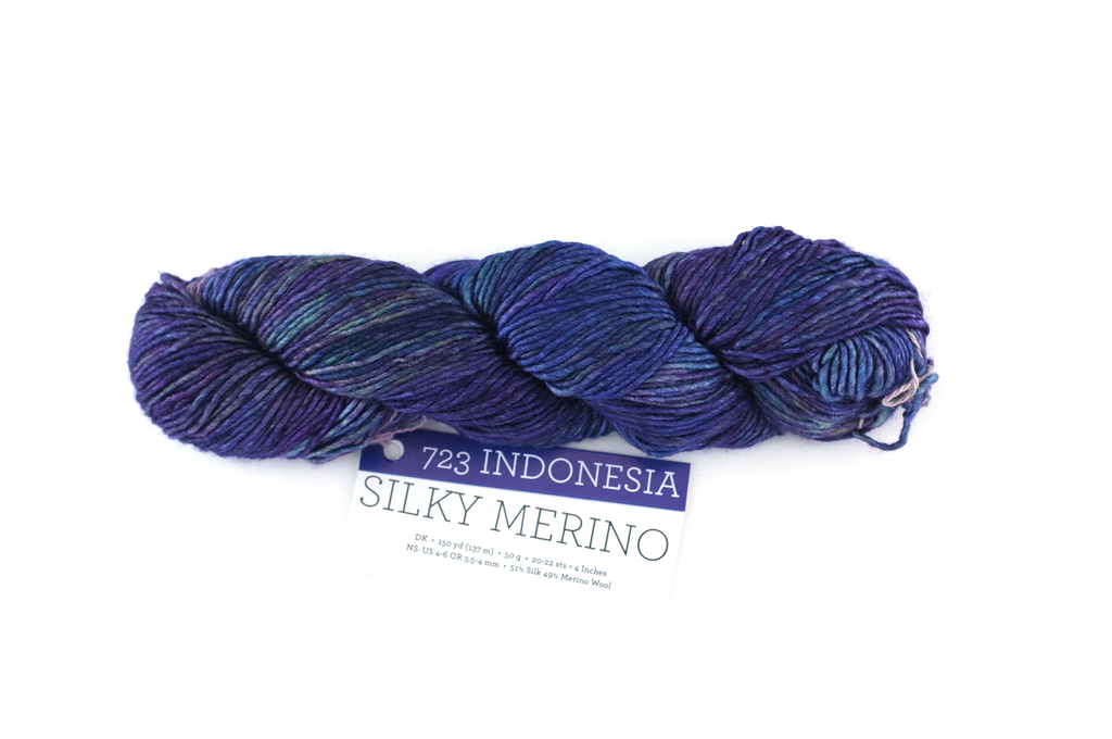 Malabrigo Silky Merino in color Indonesia, DK Weight Silk and Merino Wool Knitting Yarn, blue purple green shades, #723 - Red Beauty Textiles