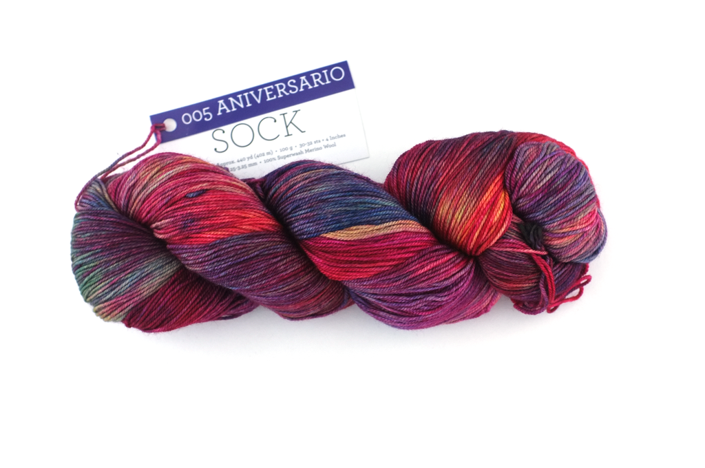 Malabrigo Sock in color Aniversario, Fingering Weight Merino Wool Knitting Yarn, reds, blues, rainbow, #005 - Red Beauty Textiles