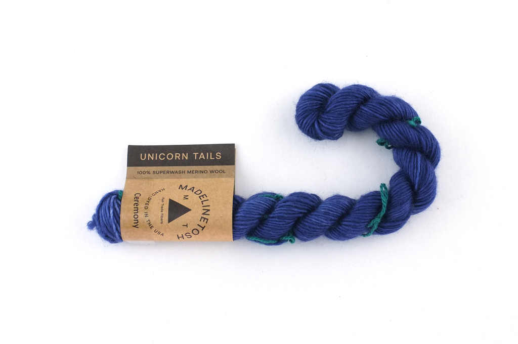 Unicorn Tails by Madeline Tosh, Ceremony, blue, superwash fingering mini-skein yarn by Red Beauty Textiles