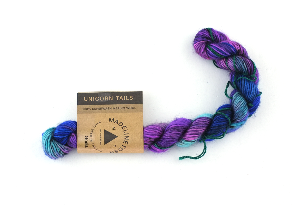 Unicorn Tails by Madeline Tosh, Gosia, blue, pink superwash fingering mini-skein yarn by Red Beauty Textiles