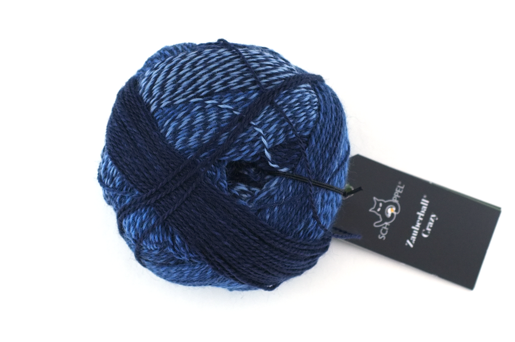Crazy Zauberball, self striping sock yarn, color 1535 Stone-Washed, fingering weight yarn, denim blues