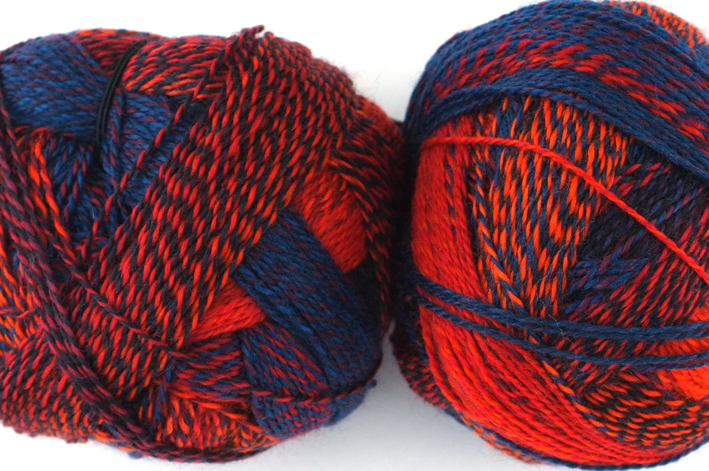Crazy Zauberball, self striping sock yarn, color 1537, Autumn Sun, fingering weight yarn, red, blue