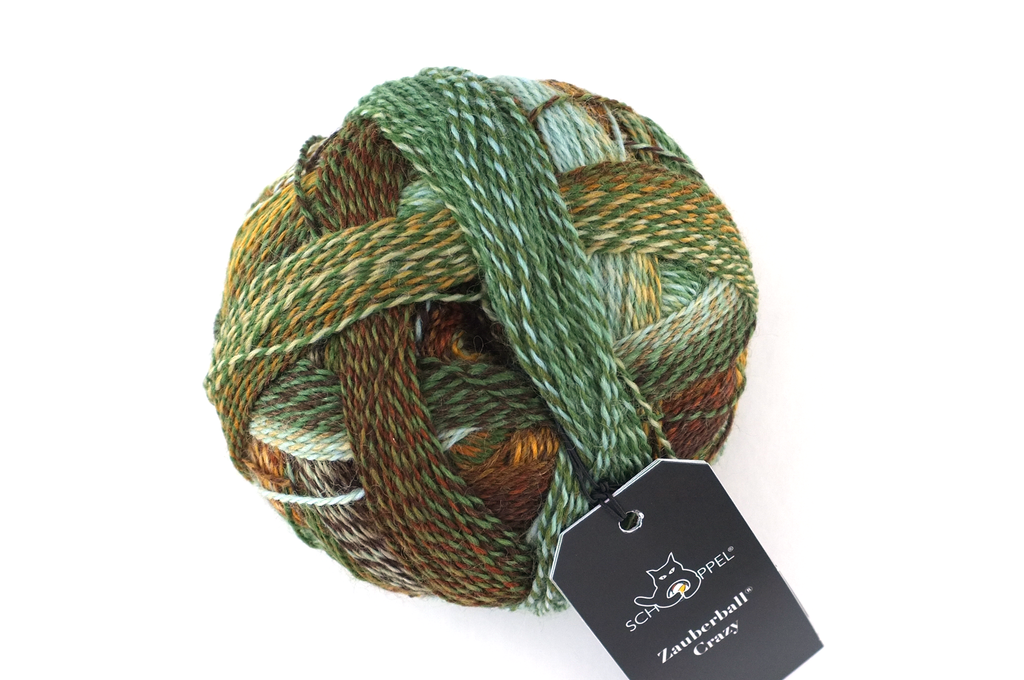 Crazy Zauberball, self striping sock yarn, color 1660, Riverbed, fingering weight yarn, greens, tans by Red Beauty Textiles