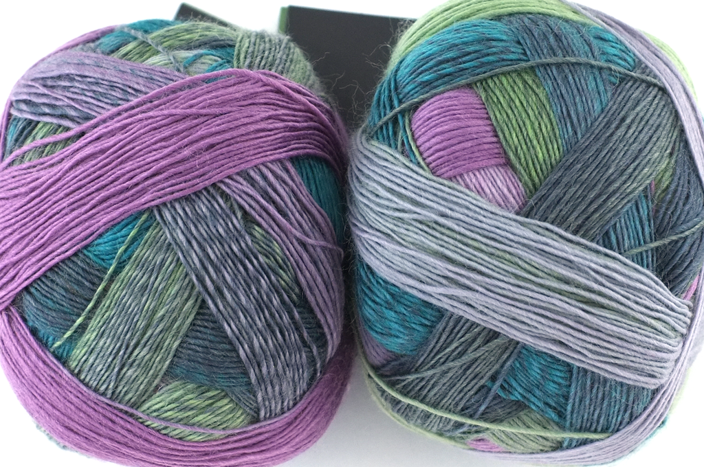 Zauberball, self striping sock yarn, color 2308 Smoking Area, fingering weight yarn, purple, teal