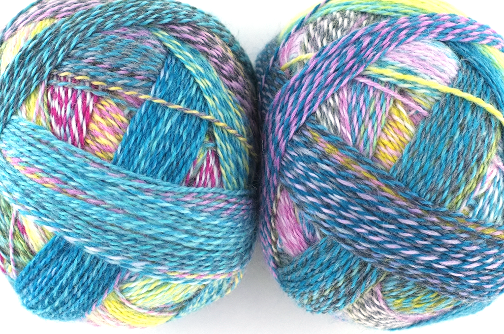 Crazy Zauberball, self striping sock yarn, color 2355 Garden Party, fingering weight yarn, yellow, pink, blue by Red Beauty Textiles