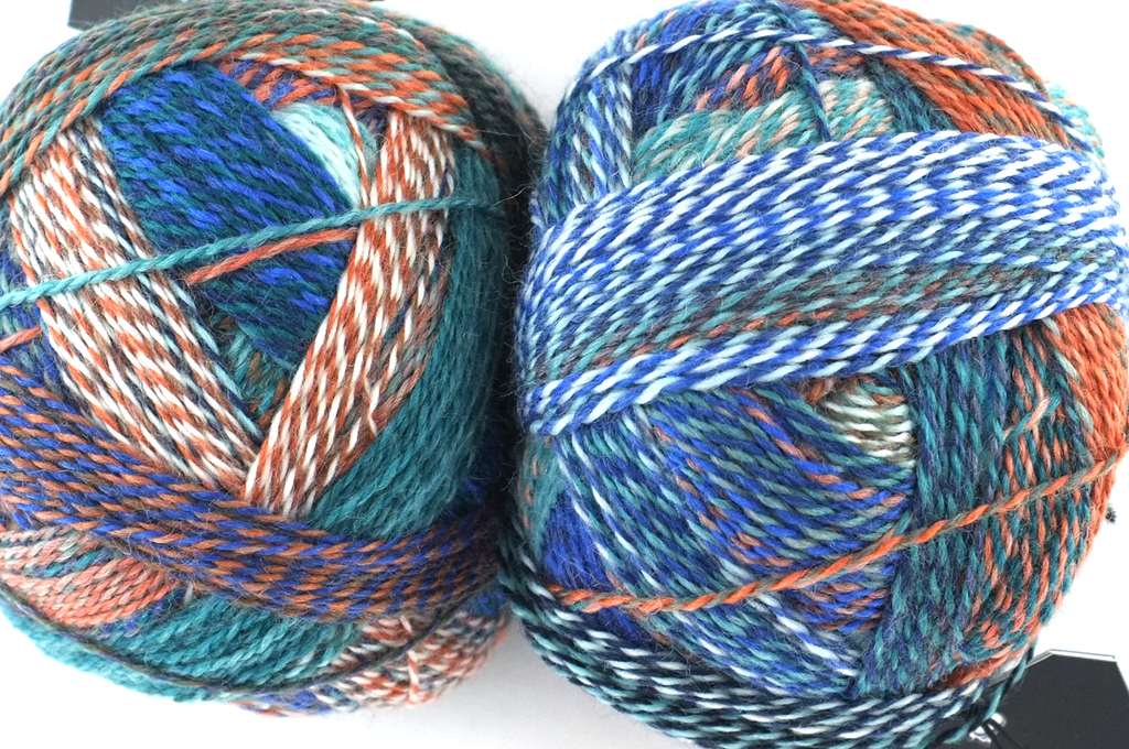 Crazy Zauberball, self striping sock yarn, color 2395 Camouflage, fingering weight yarn, teal, orange, blue