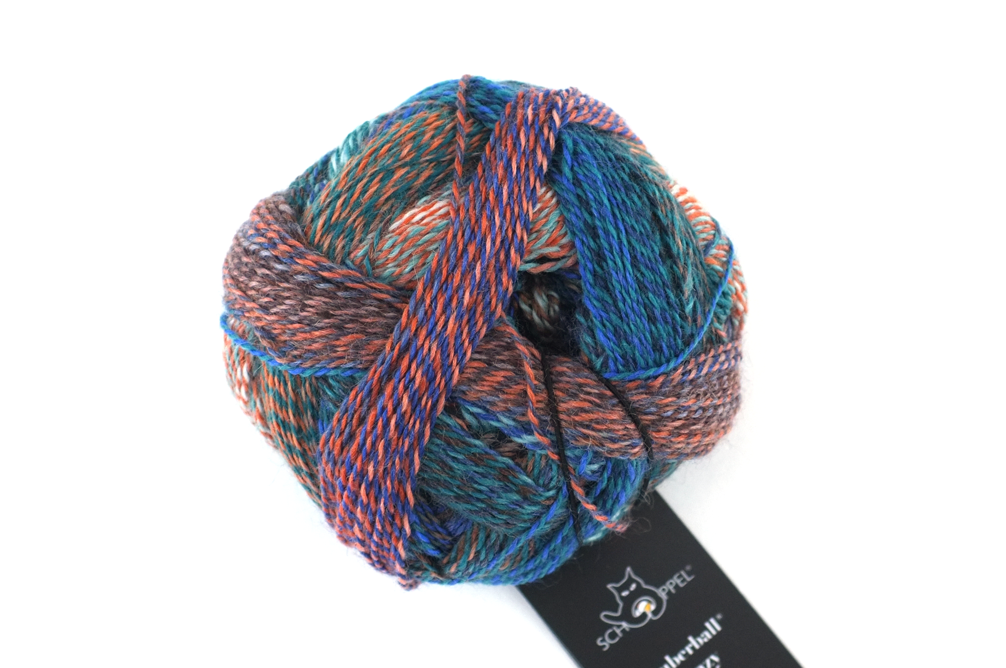 Crazy Zauberball, self striping sock yarn, color 2395 Camouflage, fingering weight yarn, teal, orange, blue by Red Beauty Textiles