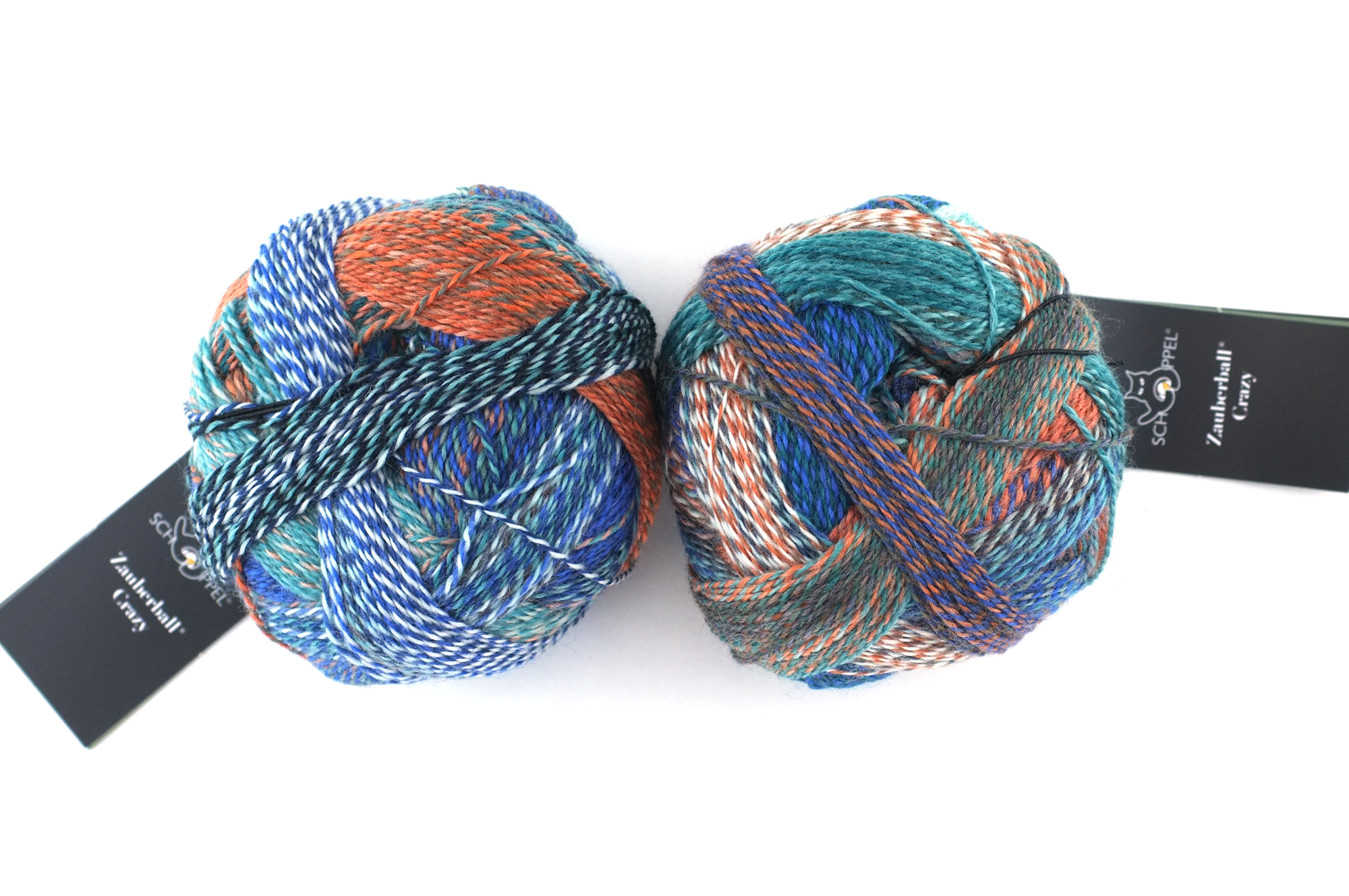 Crazy Zauberball, self striping sock yarn, color 2395 Camouflage, fingering weight yarn, teal, orange, blue by Red Beauty Textiles