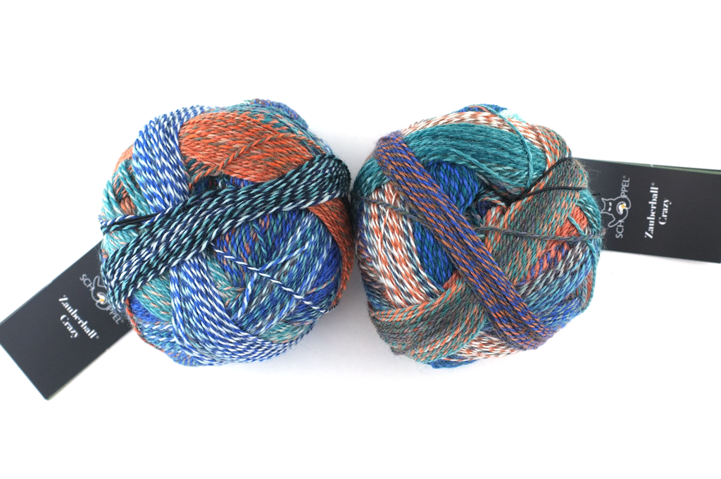 Crazy Zauberball, self striping sock yarn, color 2395 Camouflage, fingering weight yarn, teal, orange, blue