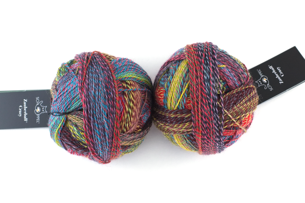 Crazy Zauberball, self striping sock yarn, color 2429 Change of Scenery, fingering weight yarn, yellow, pink, blue - Red Beauty Textiles