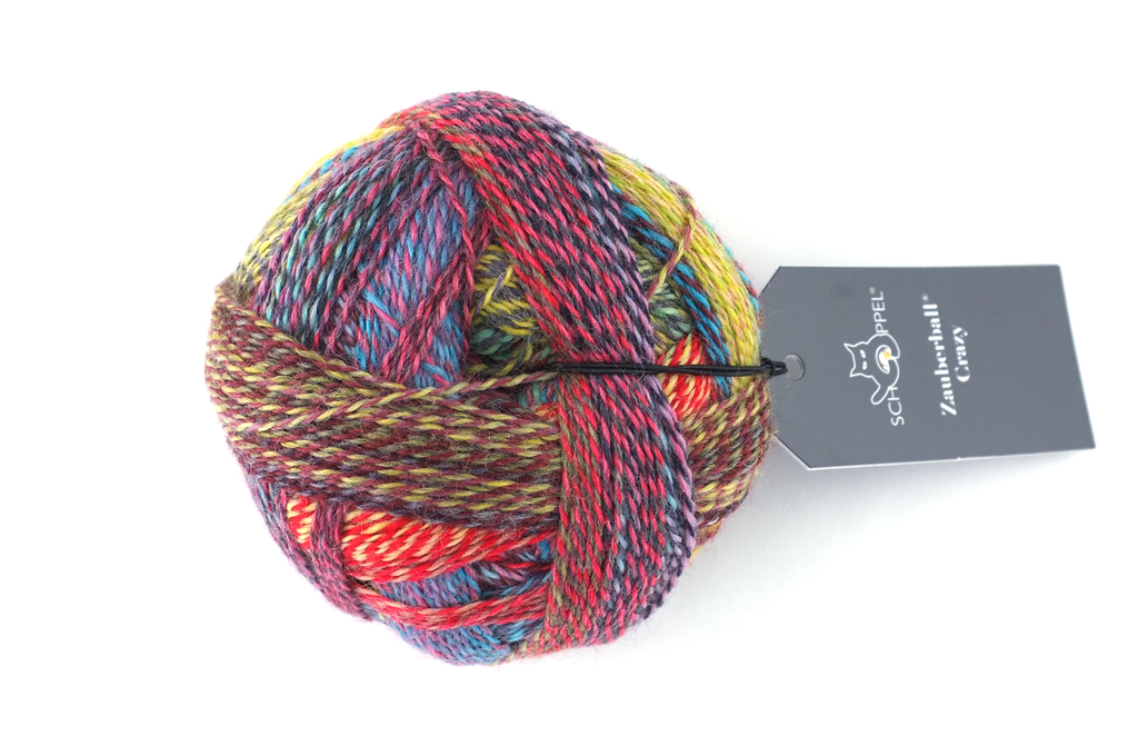 Crazy Zauberball, self striping sock yarn, color 2429 Change of Scenery, fingering weight yarn, yellow, pink, blue