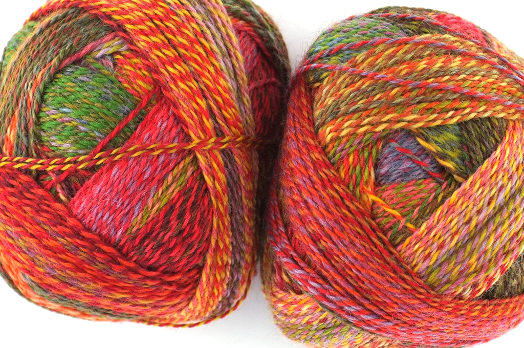Crazy Zauberball, self striping sock yarn, color 2516, Evening Hour, fingering weight yarn, reds, greens