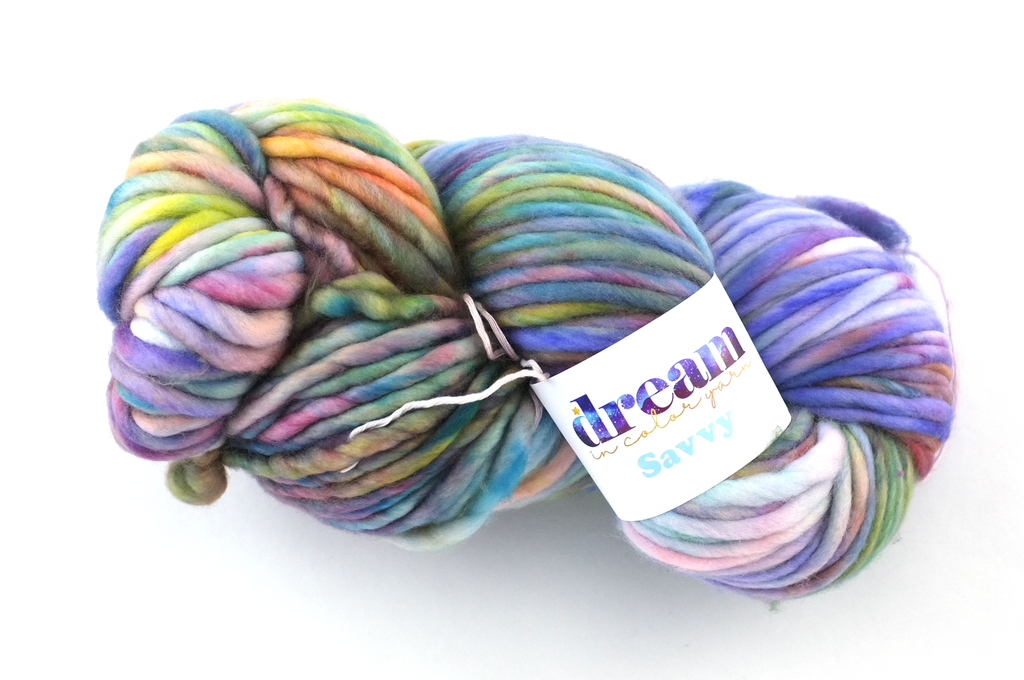 Savvy super bulky weight, color Milky Spite 608, pale rainbow, blues, lilac, yellow, teals, Dream in Color yarn