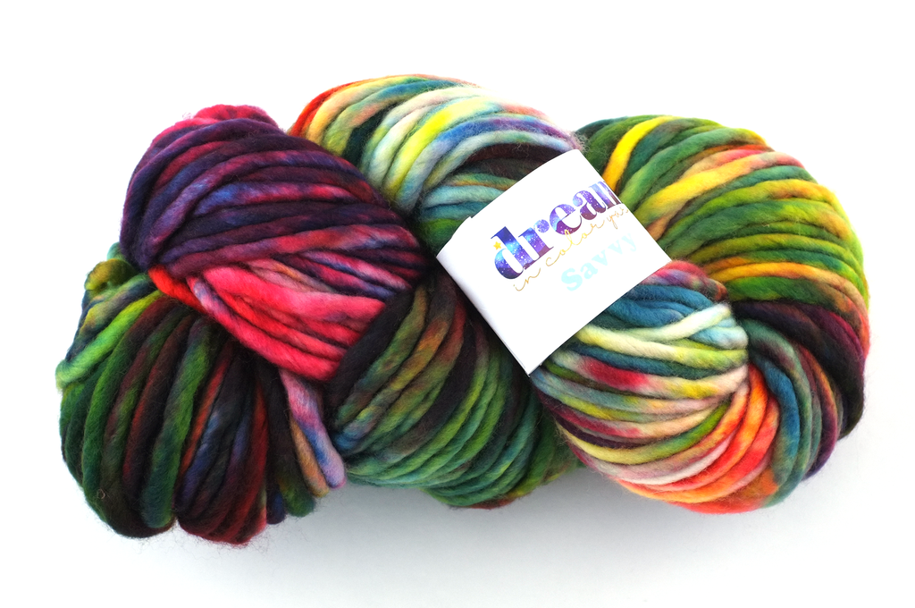 Savvy super bulky weight, color Anything Goes 903, red, green yellow, Dream in Color yarn - Red Beauty Textiles